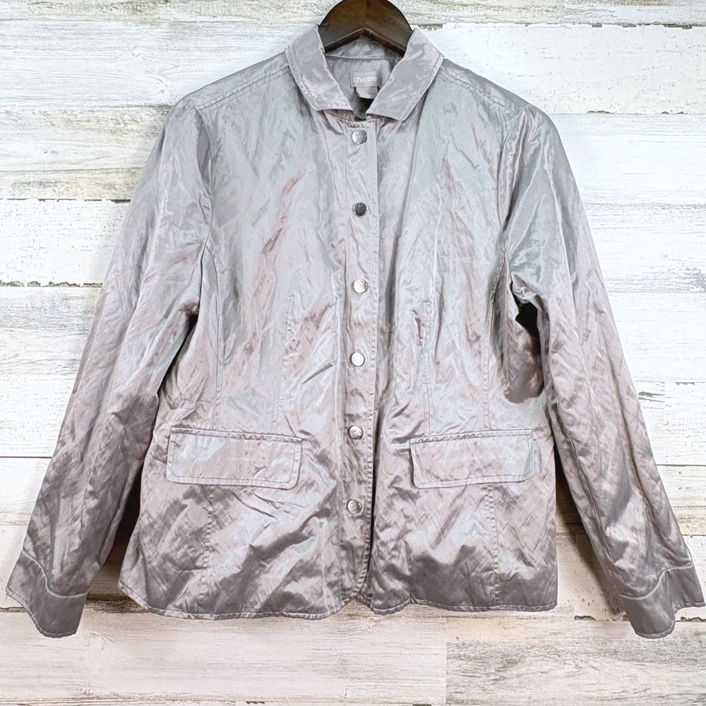 Chicos Metallic Silver Snap Front Jacket Size 1 US 8/10 Shimmer Blazer Coat